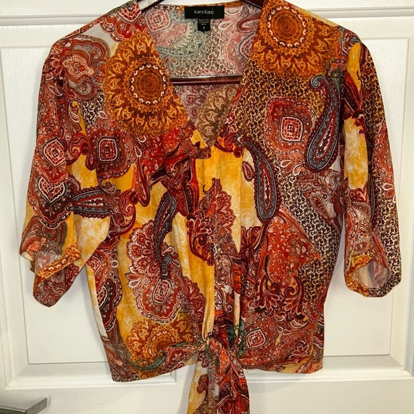 Karen Kane Orange and Red 3/4 Sleeve Tie Front Blouse - Picture 1 of 6